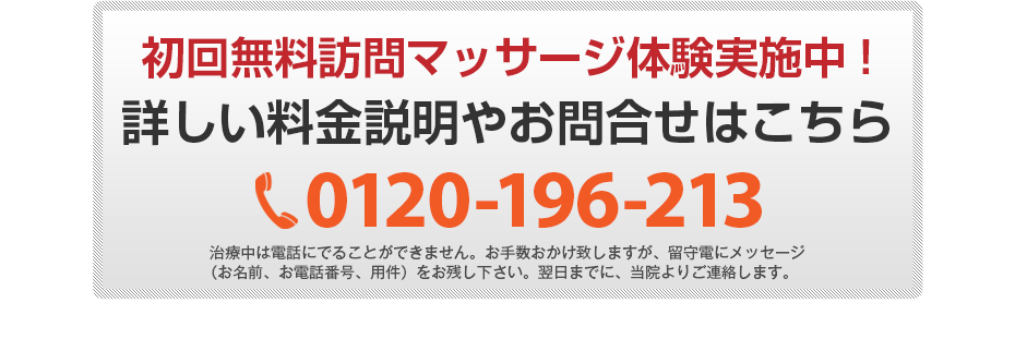 初回無料体験施術実施中!詳しい料金説明やお問合せはこちら 0120-196-213 電話・FAX共通06-7492-0729